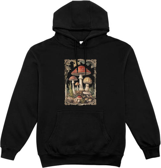 Hanorac negru unisex 80% bumbac, imprimeu ciuperci- Muscaria Dream