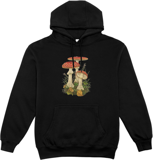 Hanorac negru unisex 80% bumbac, imprimeu ciuperci- Muscaria